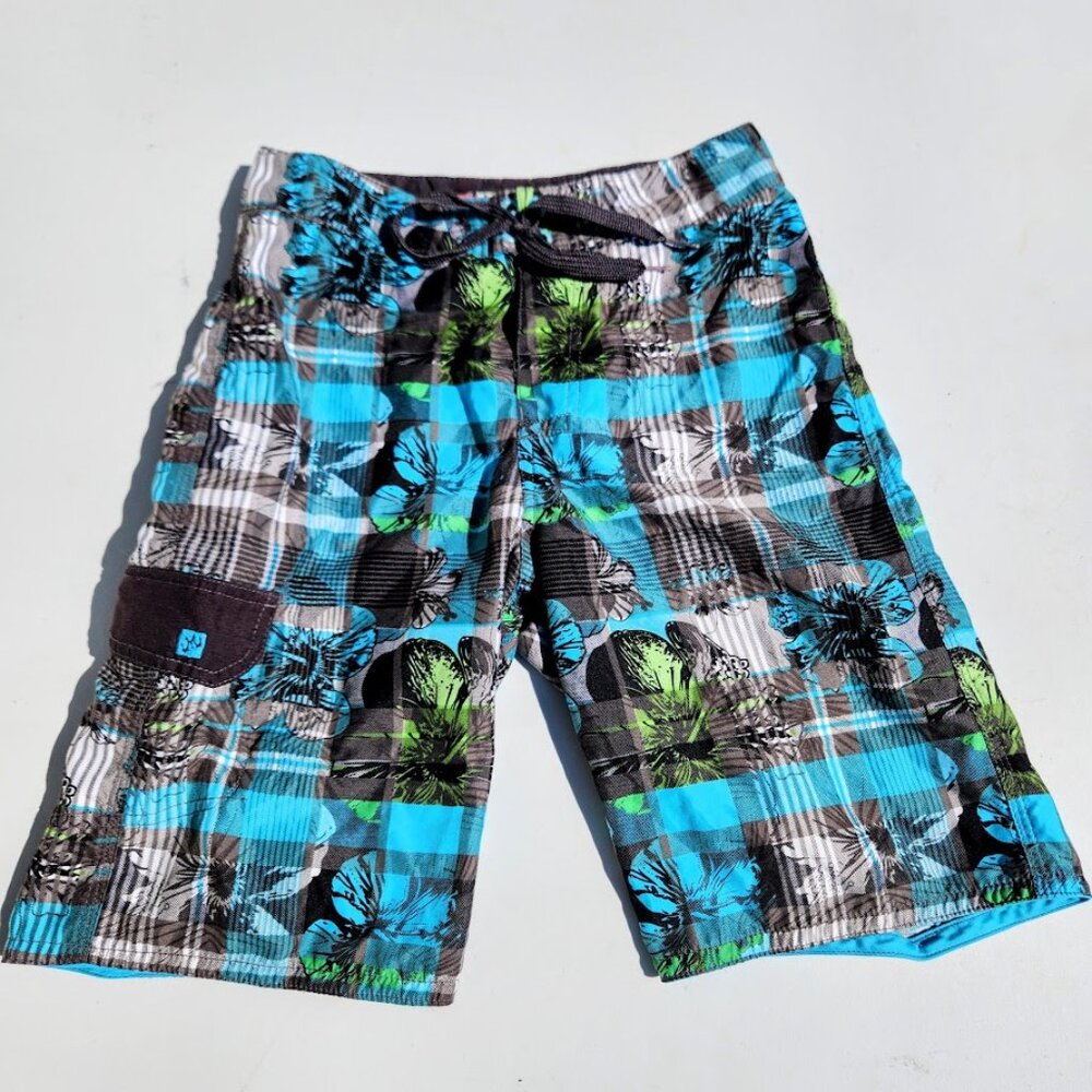 Micros Swim Trunks Size 10 Boy's Swimming Shorts Red Black Plaid Swimsuit